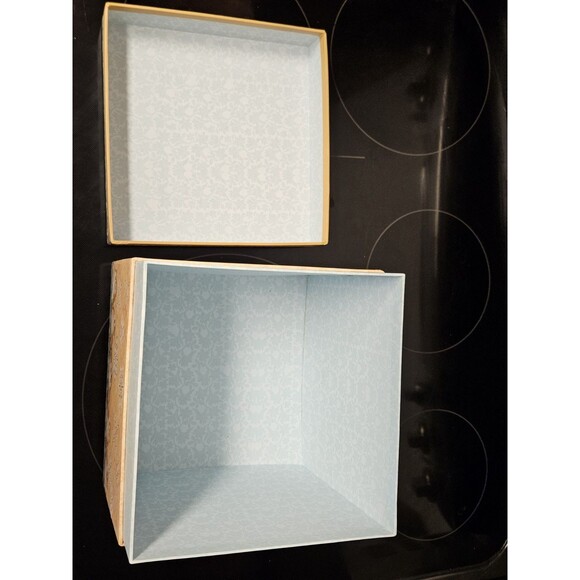 Elegant Storage Box Blue, Yellow, Silver Filigree Owl Print 9"x9"x5" - Picture 8 of 10